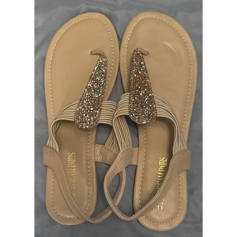 NEW Dream Pairs Beige Glitter‎ Elastic Strappy String Thong Gladiator Sandals 11